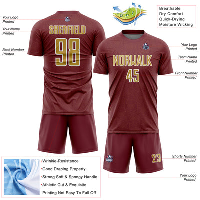 Custom Burgundy Old Gold-White Geometric Shape Sports Sublimation Soccer Uniform Jersey