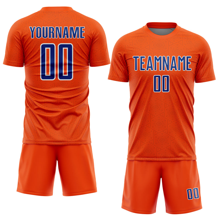 Custom Orange Royal-White Geometric Shape Sports Sublimation Soccer Uniform Jersey