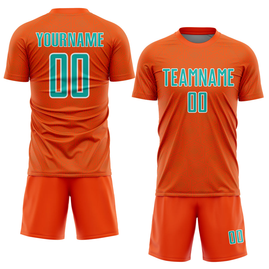 Custom Orange Aqua-White Geometric Shape Sports Sublimation Soccer Uniform Jersey