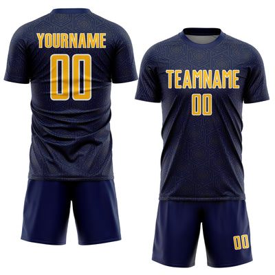 Custom Navy Gold-White Geometric Shape Sports Sublimation Soccer Uniform Jersey