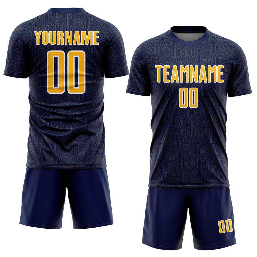Custom Navy Gold-White Geometric Shape Sports Sublimation Soccer Uniform Jersey