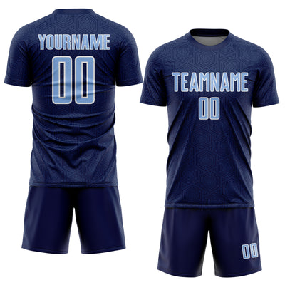 Custom Navy Light Blue-White Geometric Shape Sports Sublimation Soccer Uniform Jersey