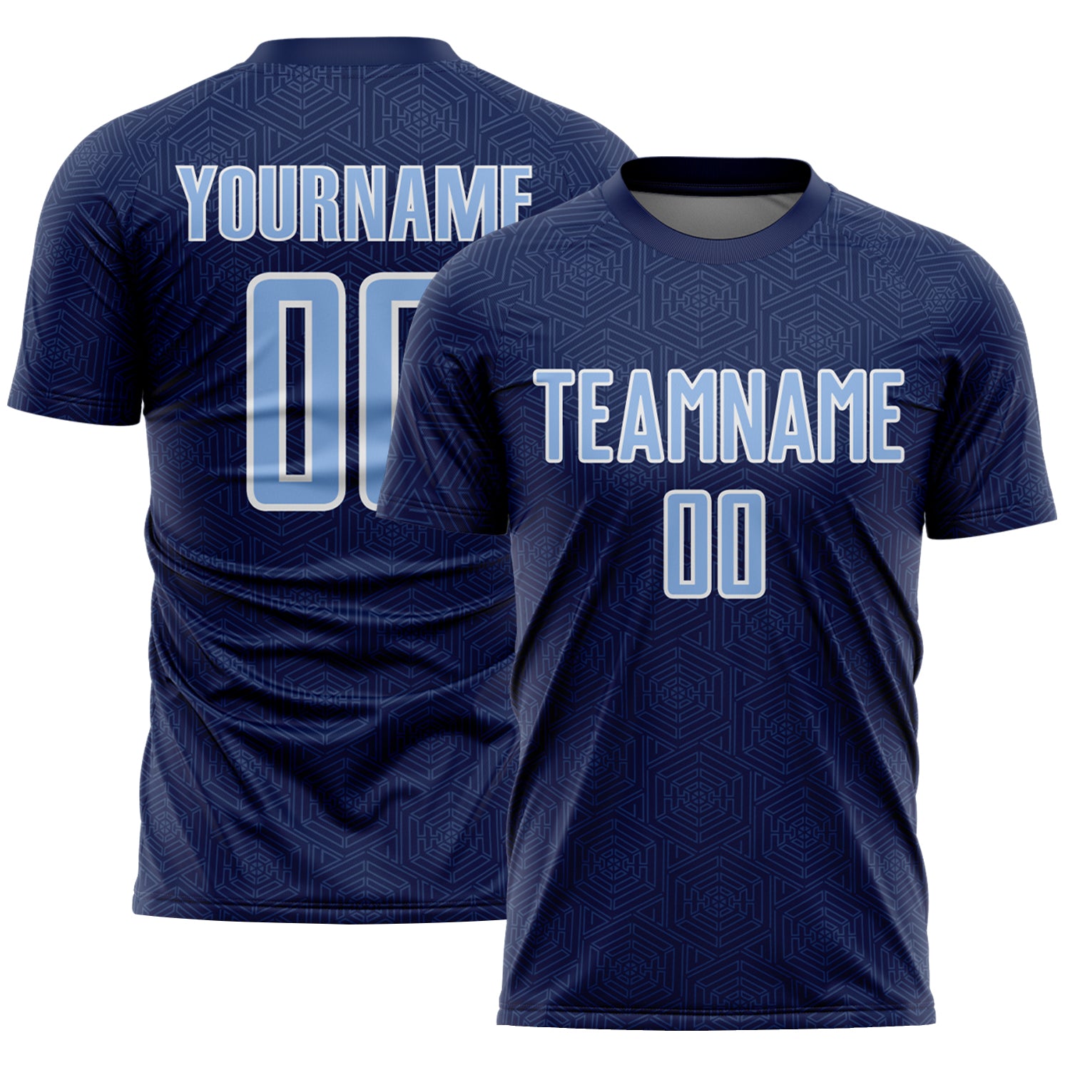 Custom Navy Light Blue-White Geometric Shape Sports Sublimation Soccer Uniform Jersey