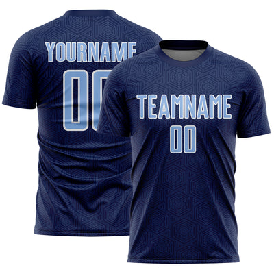 Custom Navy Light Blue-White Geometric Shape Sports Sublimation Soccer Uniform Jersey