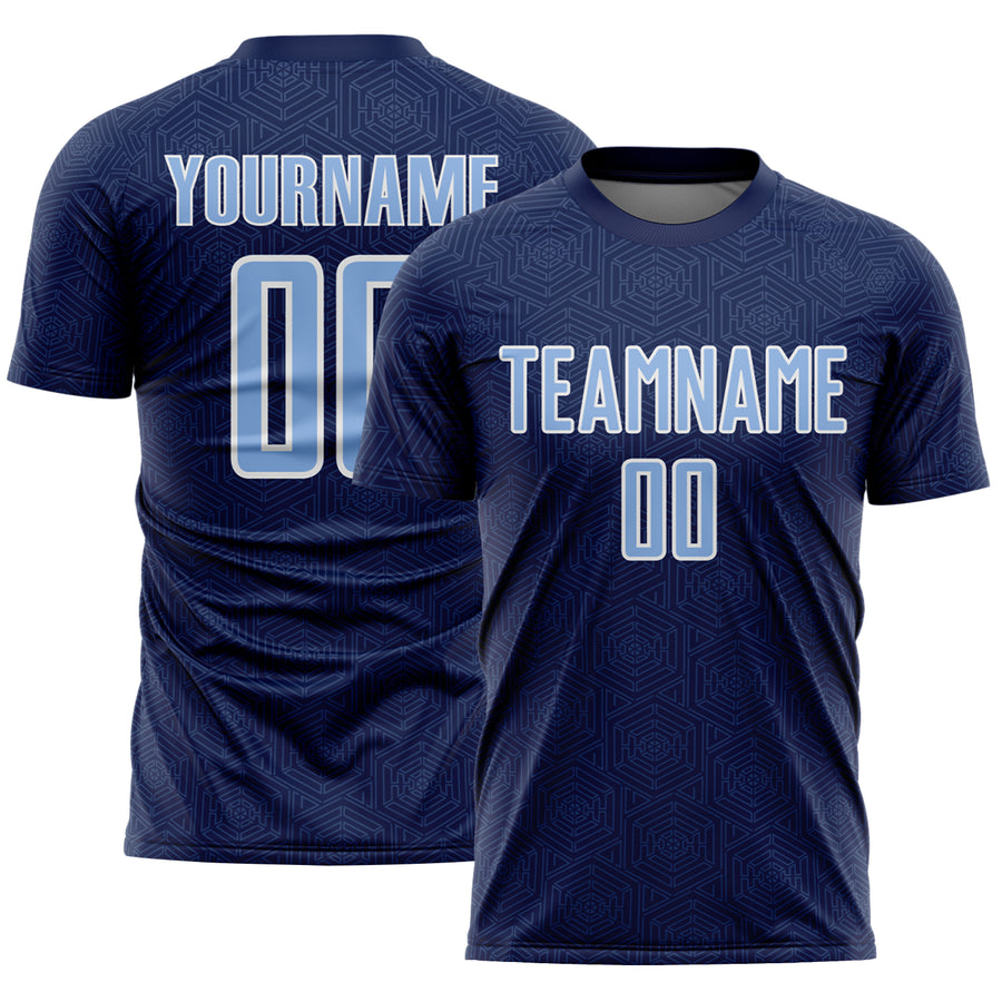 Custom Navy Light Blue-White Geometric Shape Sports Sublimation Soccer Uniform Jersey