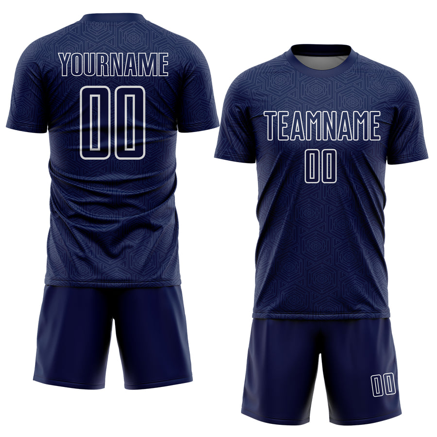 Custom Navy White Geometric Shape Sports Sublimation Soccer Uniform Jersey