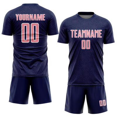 Custom Navy Medium Pink-White Geometric Shape Sports Sublimation Soccer Uniform Jersey