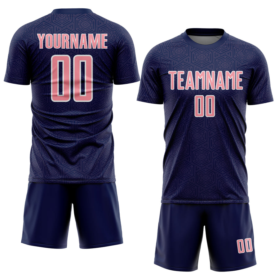 Custom Navy Medium Pink-White Geometric Shape Sports Sublimation Soccer Uniform Jersey