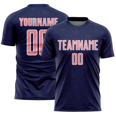 Custom Navy Medium Pink-White Geometric Shape Sports Sublimation Soccer Uniform Jersey