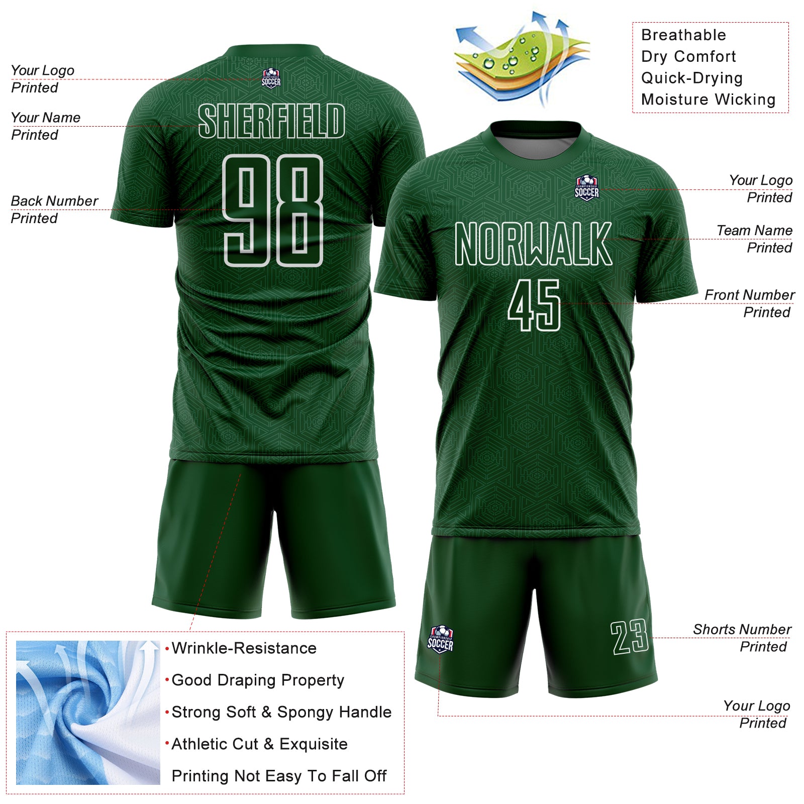 Custom Green White Geometric Shape Sports Sublimation Soccer Uniform Jersey