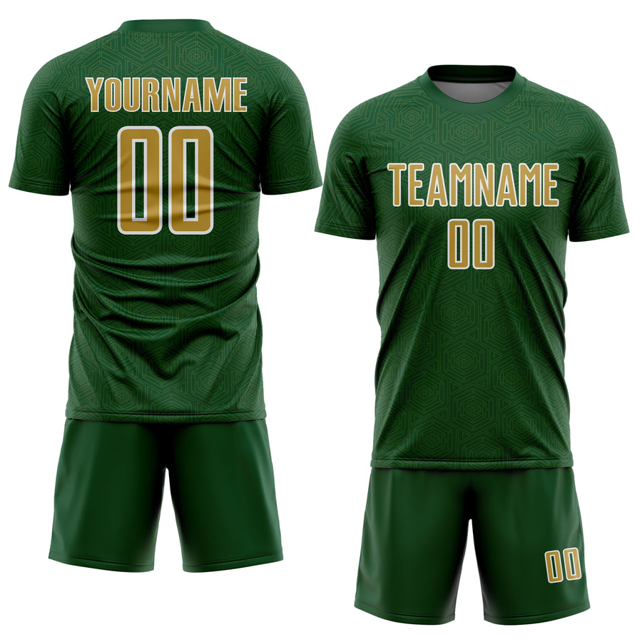 Custom Green Old Gold-White Geometric Shape Sports Sublimation Soccer Uniform Jersey