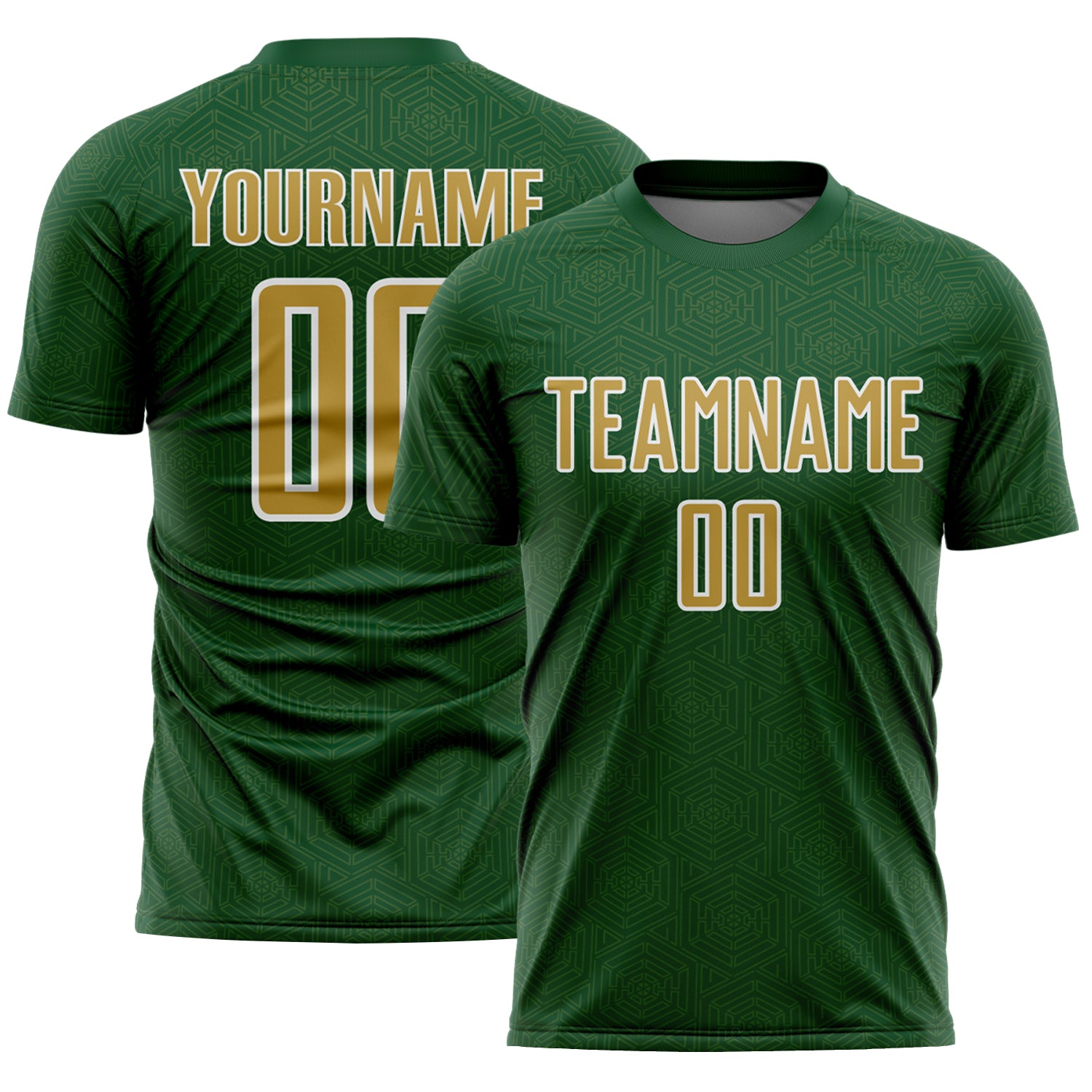 Custom Green Old Gold-White Geometric Shape Sports Sublimation Soccer Uniform Jersey