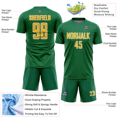 Custom Kelly Green Gold-White Geometric Shape Sports Sublimation Soccer Uniform Jersey