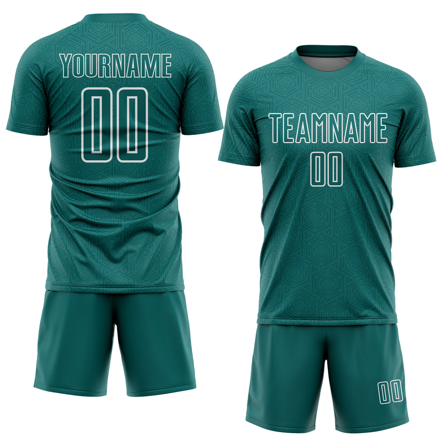 Custom Teal White Geometric Shape Sports Sublimation Soccer Uniform Jersey
