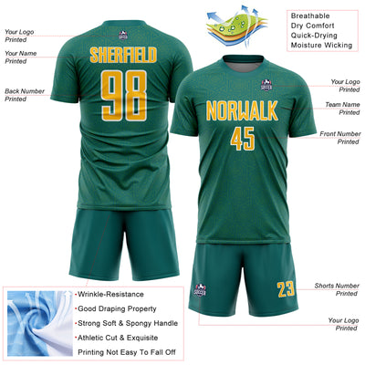 Custom Teal Gold-White Geometric Shape Sports Sublimation Soccer Uniform Jersey
