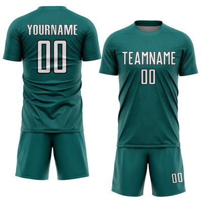 Custom Teal White-Black Geometric Shape Sports Sublimation Soccer Uniform Jersey