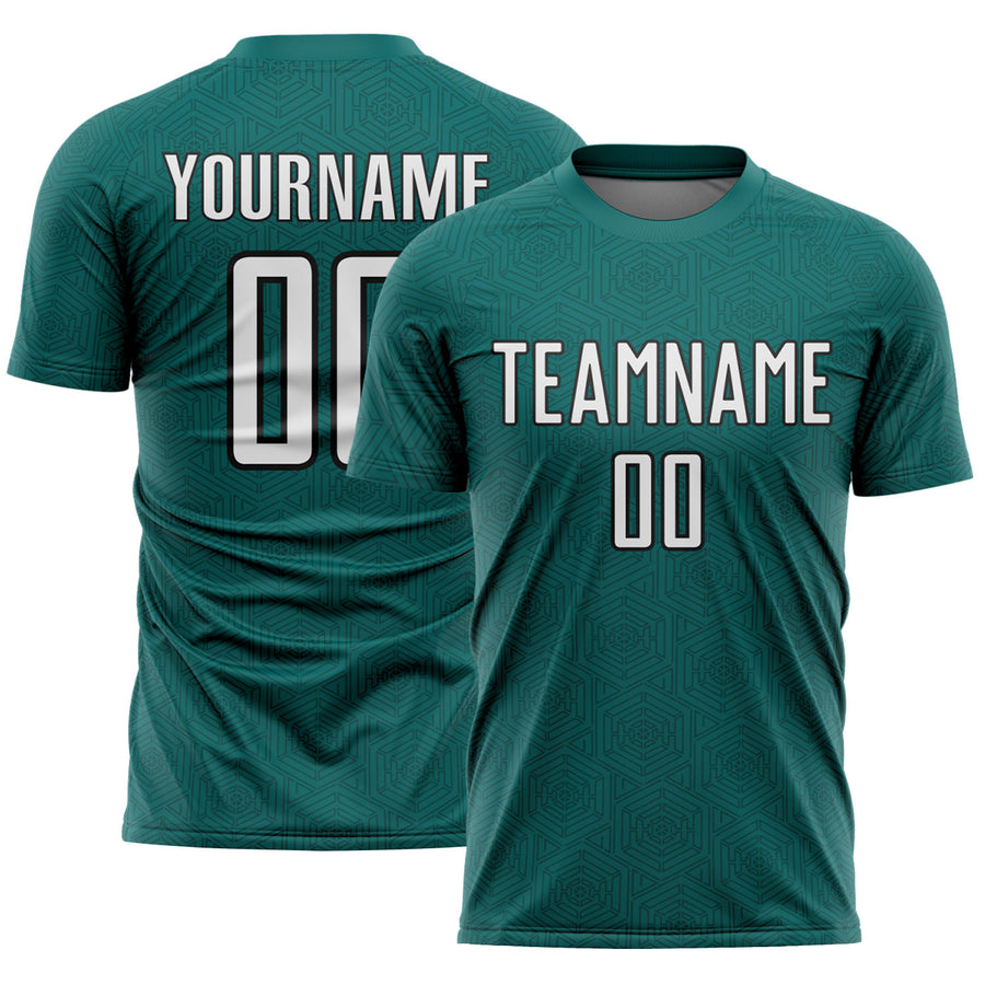 Custom Teal White-Black Geometric Shape Sports Sublimation Soccer Uniform Jersey