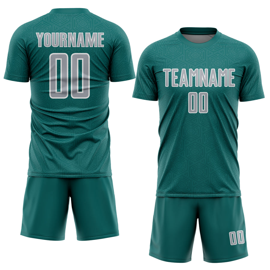 Custom Teal Gray-White Geometric Shape Sports Sublimation Soccer Uniform Jersey