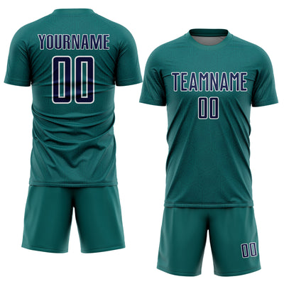 Custom Teal Navy-White Geometric Shape Sports Sublimation Soccer Uniform Jersey