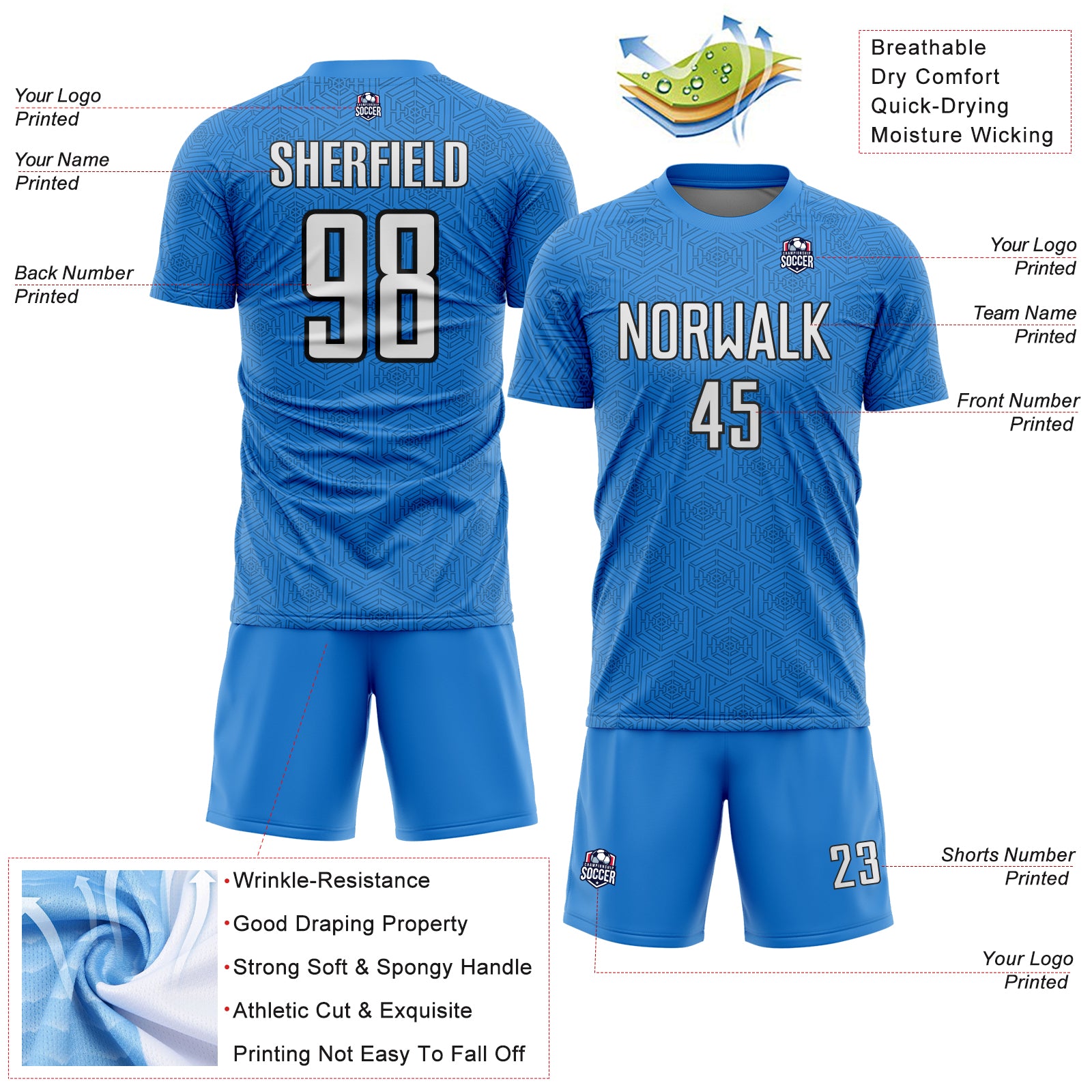 Custom Powder Blue White-Black Geometric Shape Sports Sublimation Soccer Uniform Jersey