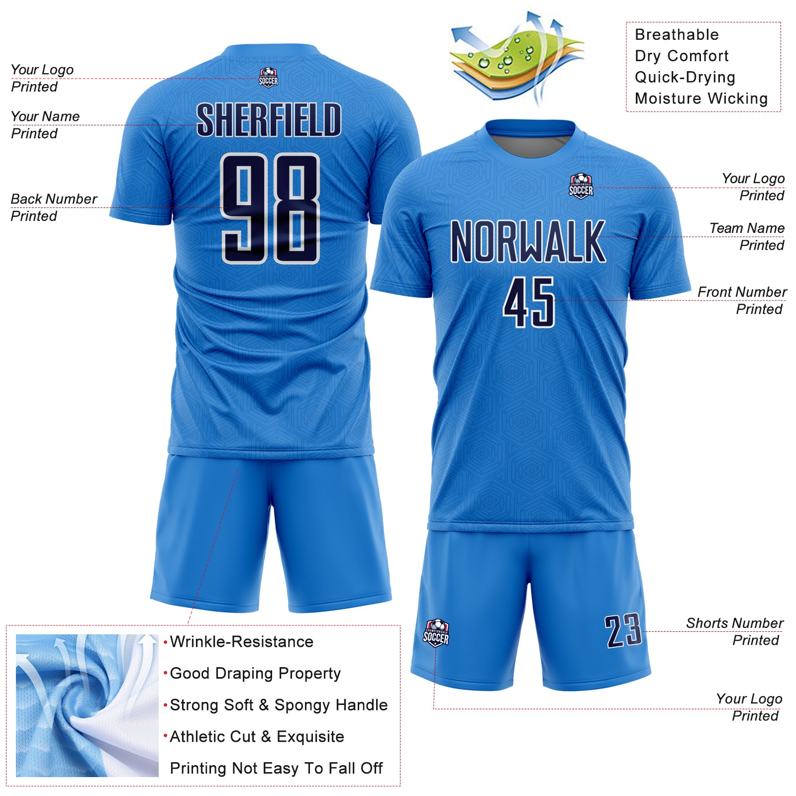 Custom Powder Blue Navy-White Geometric Shape Sports Sublimation Soccer Uniform Jersey