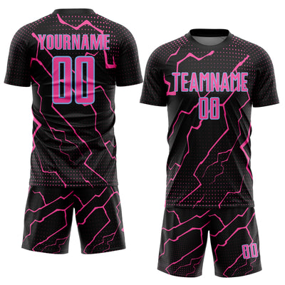 Custom Black Pink-Light Blue Lightning Sports Sublimation Soccer Uniform Jersey