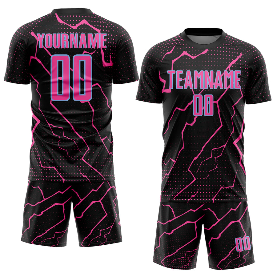 Custom Black Pink-Light Blue Lightning Sports Sublimation Soccer Uniform Jersey