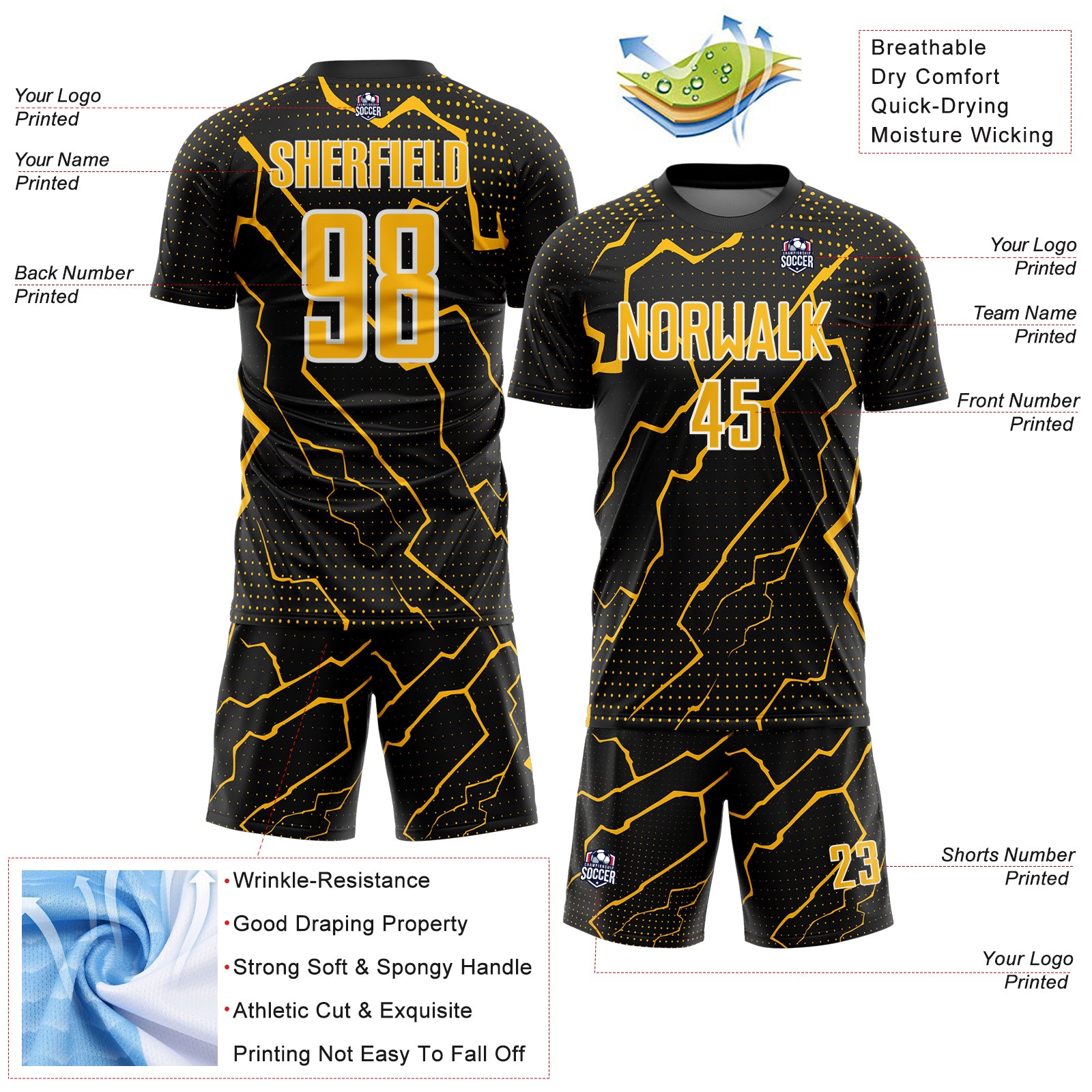 Custom Black Gold-White Lightning Sports Sublimation Soccer Uniform Jersey