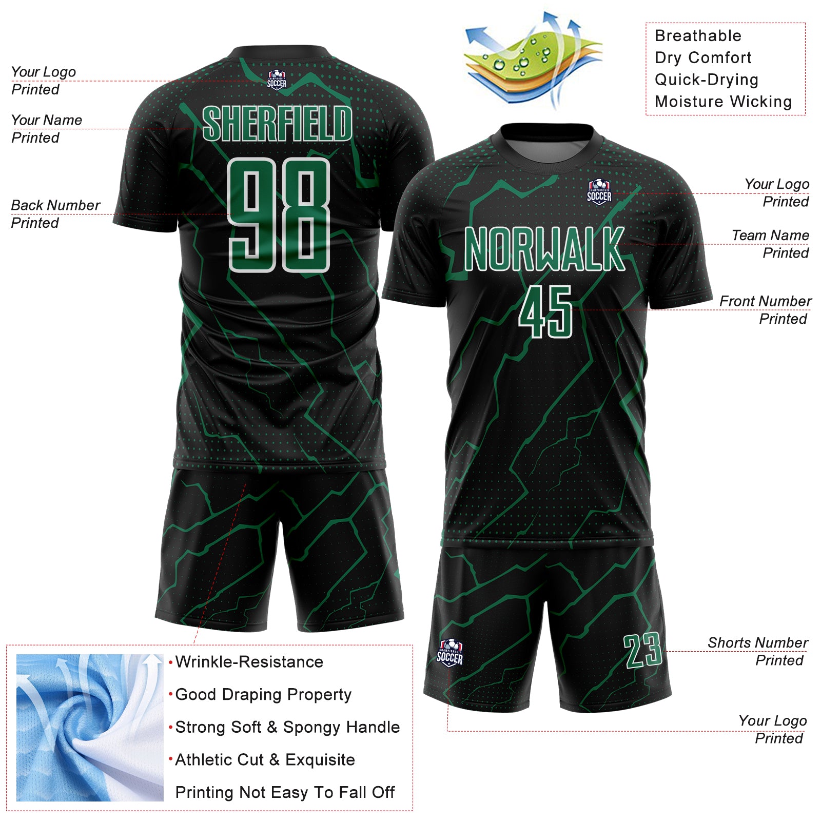 Custom Black Kelly Green-White Lightning Sports Sublimation Soccer Uniform Jersey
