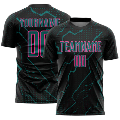 Custom Black Teal-Pink Lightning Sports Sublimation Soccer Uniform Jersey