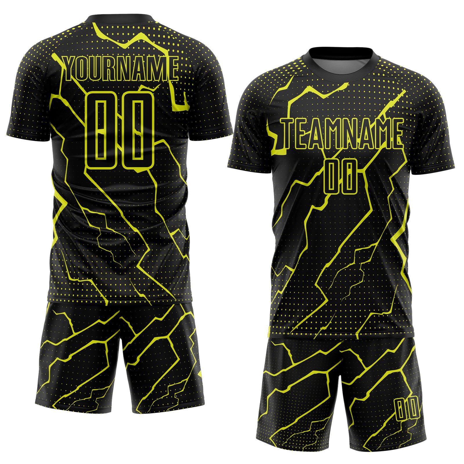 Custom Black Neon Yellow Lightning Sports Sublimation Soccer Uniform Jersey