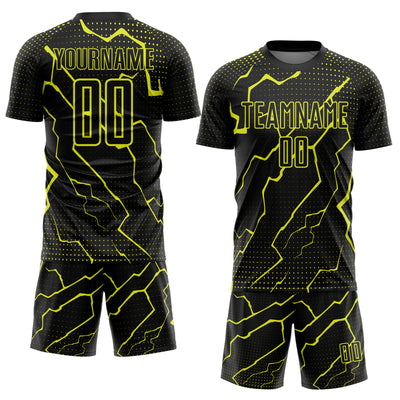 Custom Black Neon Yellow Lightning Sports Sublimation Soccer Uniform Jersey
