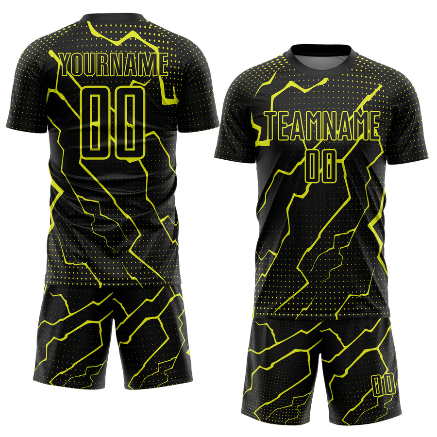 Custom Black Neon Yellow Lightning Sports Sublimation Soccer Uniform Jersey
