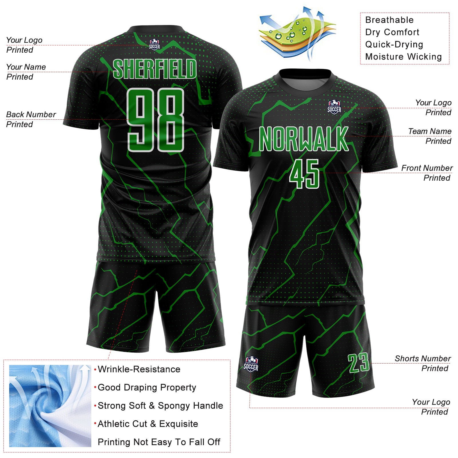 Custom Black Grass Green-White Lightning Sports Sublimation Soccer Uniform Jersey