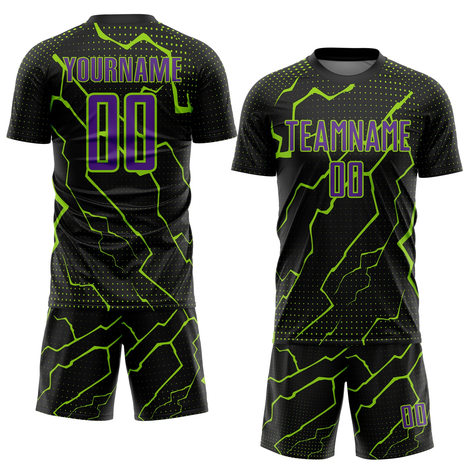 Custom Black Purple-Neon Green Lightning Sports Sublimation Soccer Uniform Jersey