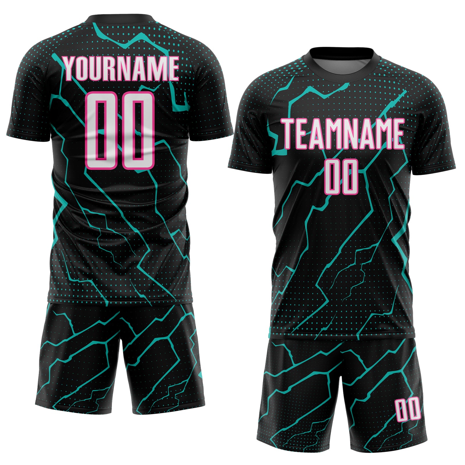 Custom Black White Aqua-Pink Lightning Sports Sublimation Soccer Uniform Jersey