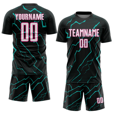 Custom Black White Aqua-Pink Lightning Sports Sublimation Soccer Uniform Jersey