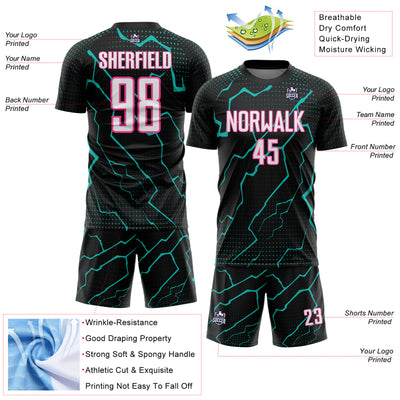 Custom Black White Aqua-Pink Lightning Sports Sublimation Soccer Uniform Jersey
