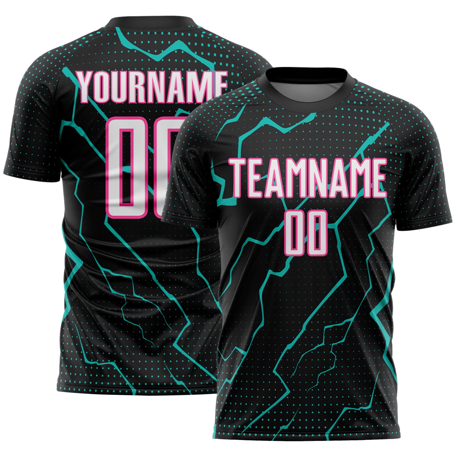 Custom Black White Aqua-Pink Lightning Sports Sublimation Soccer Uniform Jersey