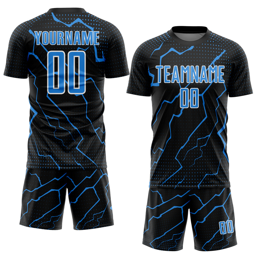 Custom Black Powder Blue-White Lightning Sports Sublimation Soccer Uniform Jersey