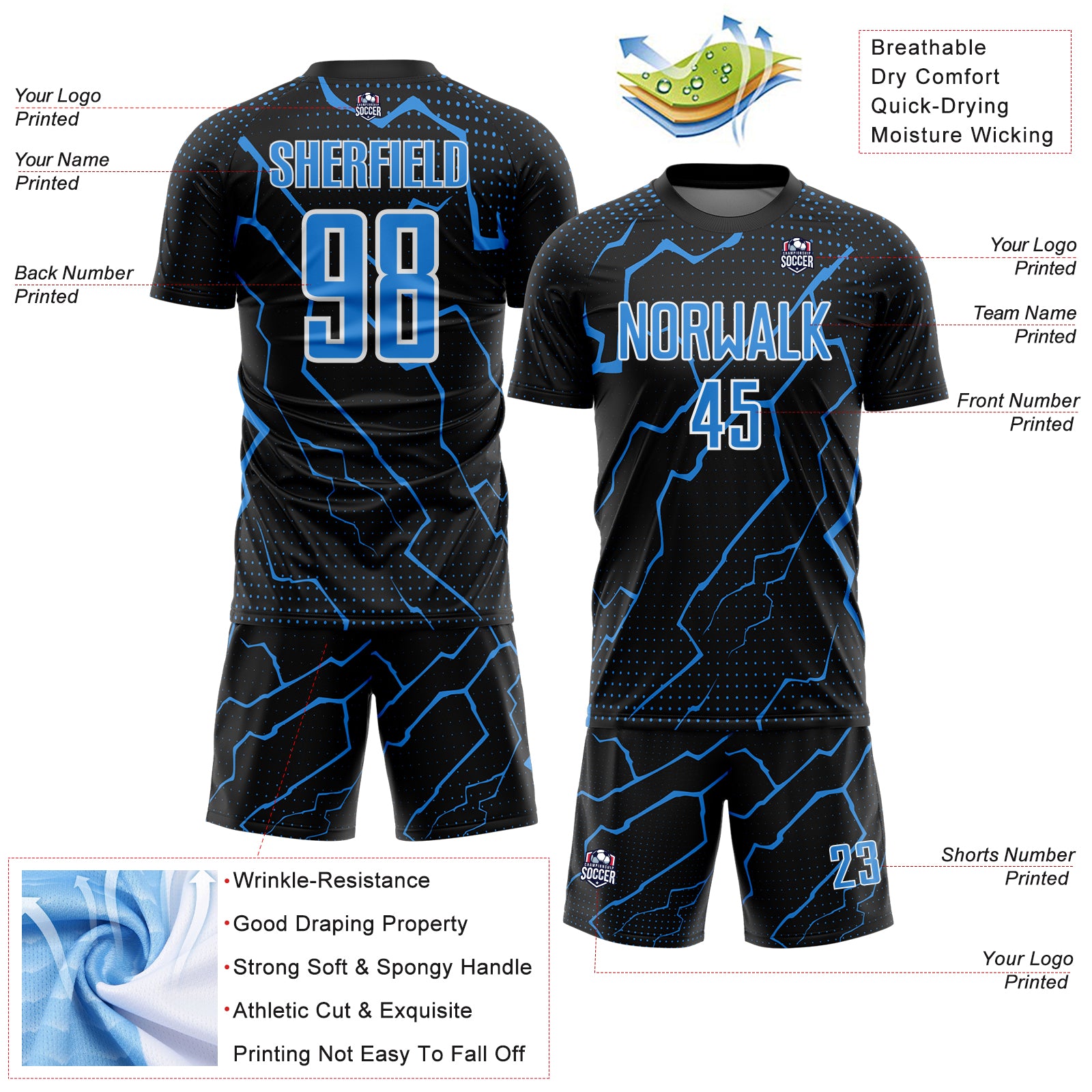 Custom Black Powder Blue-White Lightning Sports Sublimation Soccer Uniform Jersey