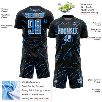 Custom Black Powder Blue-White Lightning Sports Sublimation Soccer Uniform Jersey