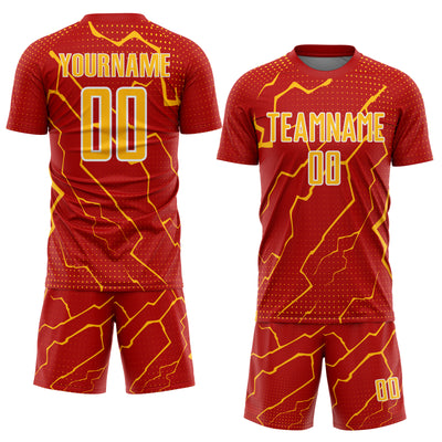 Custom Red Gold-White Lightning Sports Sublimation Soccer Uniform Jersey