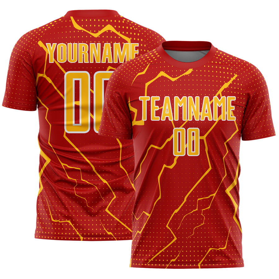 Custom Red Gold-White Lightning Sports Sublimation Soccer Uniform Jersey