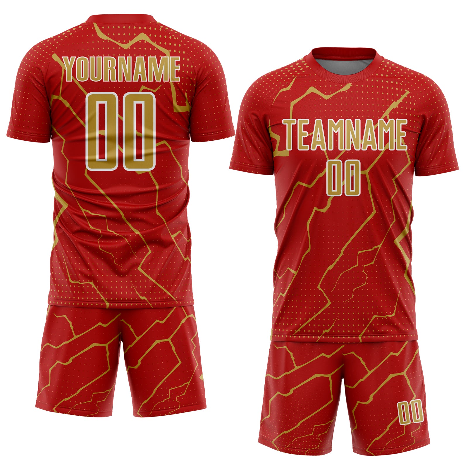 Custom Red Old Gold-White Lightning Sports Sublimation Soccer Uniform Jersey