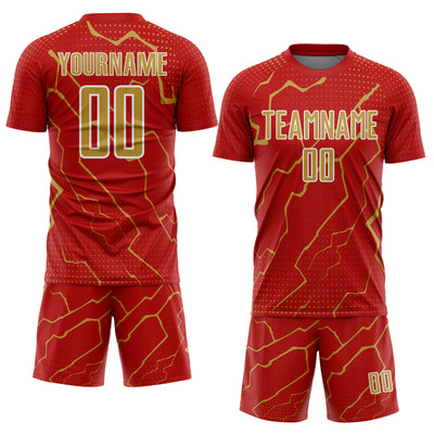 Custom Red Old Gold-White Lightning Sports Sublimation Soccer Uniform Jersey