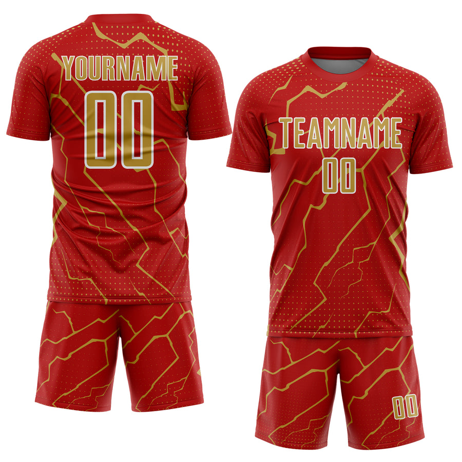 Custom Red Old Gold-White Lightning Sports Sublimation Soccer Uniform Jersey