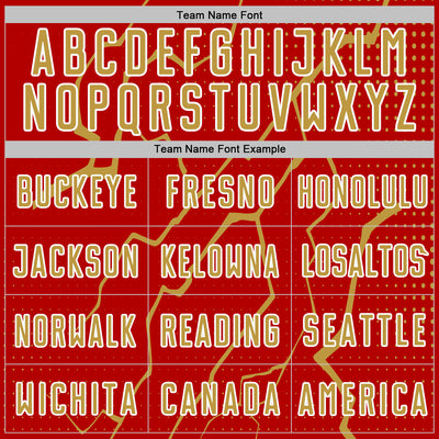 Custom Red Old Gold-White Lightning Sports Sublimation Soccer Uniform Jersey