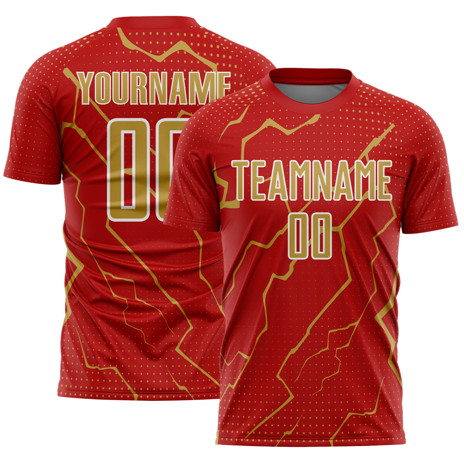 Custom Red Old Gold-White Lightning Sports Sublimation Soccer Uniform Jersey