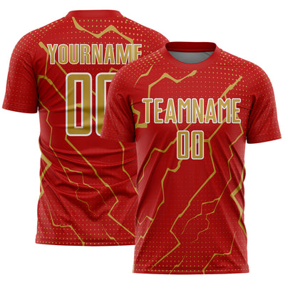 Custom Red Old Gold-White Lightning Sports Sublimation Soccer Uniform Jersey